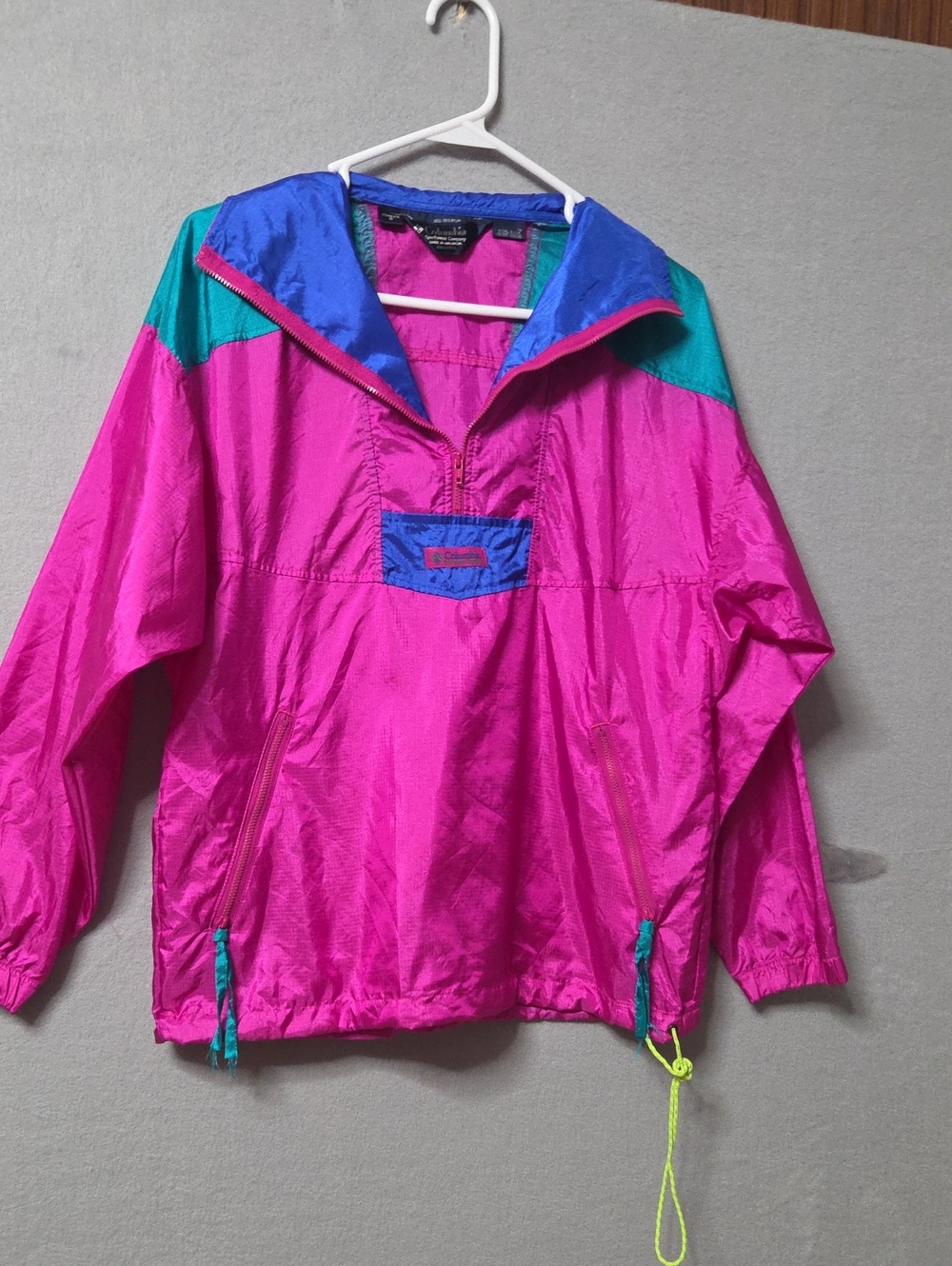Vtg 90s Columbia Colorblock Pullover Windbreaker Jacket Neon Pink.